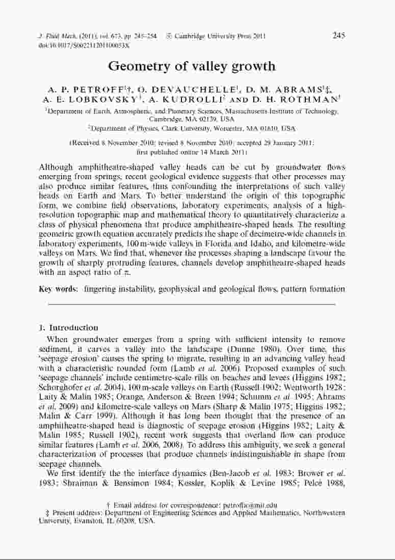 Petroff Devauchelle Abrams Lobkovsky Kudrolli and Rothman - Geometry of valley growth - JFM 673, 245-254 (2011)